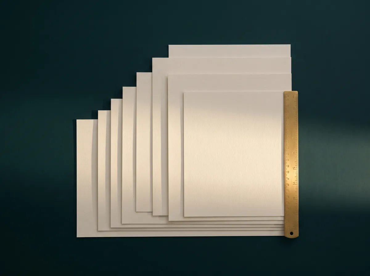 Stacked parchment page sheets beside a brass ruler.